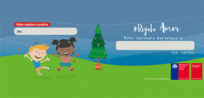 La iniciativa, #RegalaAmor, de la Subsecretaría de la Niñez puede ser descargada en el sitio web www.creciendoconderechos.cl , para que las familias puedan compartir los cupones con todos sus seres queridos y amistades