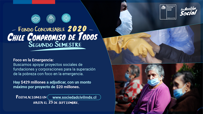 Las postulaciones estarán abiertas hasta el 23 de septiembre a través de la página web http://sociedadcivil.ministeriodesarrollosocial.gob.cl 